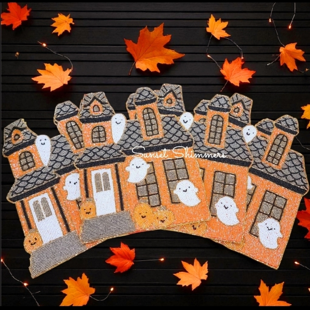 x4 Haunted House Halloween Ghost Pumpkin Shimmer Beaded Placemats CHARGERS Set